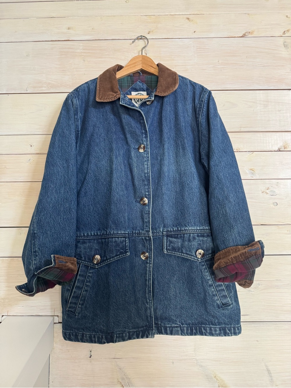 Vintage Denim Coat with Brown Corduroy and Plaid Lining - Women